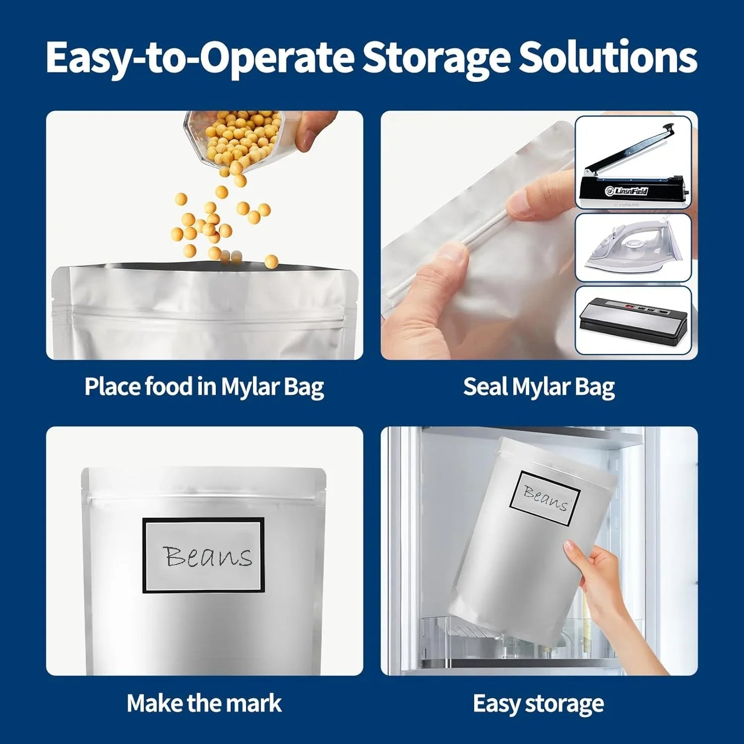 150Pcs Mylar Bags, 4 Size Smell Proof Bags with 150x300cc Oxygen Absorbers, 180 Labels for Small Business and Food Storage (50 Bags 4.3"x6.3", 40 Bags 6"x9", 35 Bags 7.5"x11.5", 25 Bags 10"x14")