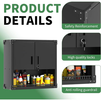 IKIMI Metal Wall Cabinet, Garage Hanging Cabinet with Doors and Shelf for Warehouse, Tool Room, Kitchen, Assembly Required(Black)