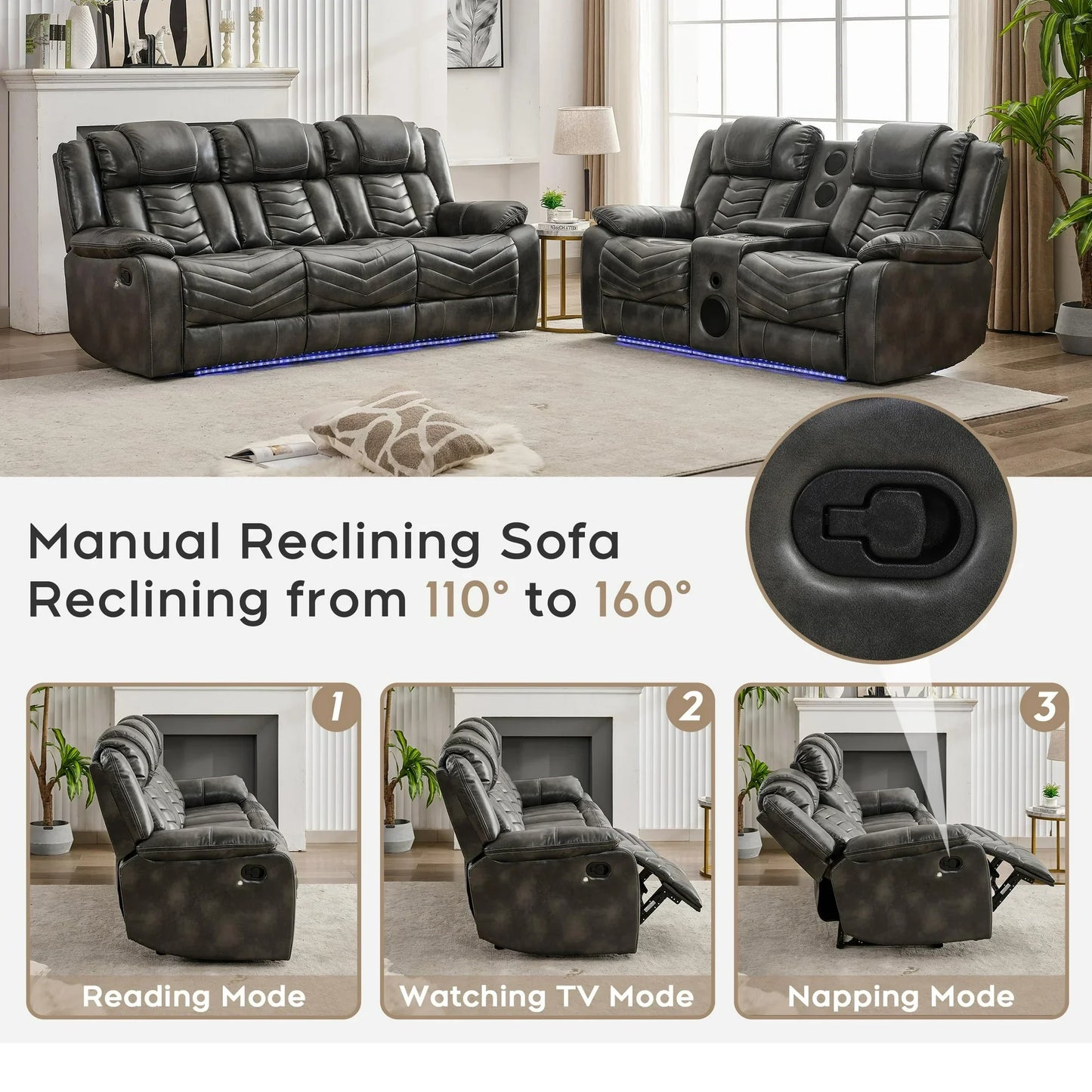 Manual Recliner Sofa Sets with Bass Speaker,Wireless Charger Faux Leather Manual Reclining Living Room Furniture Set