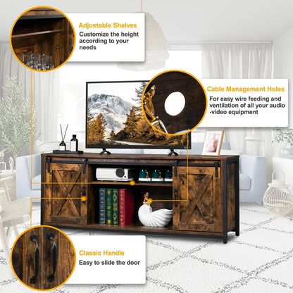 Ktaxon Farmhouse TV Stand for 65'' TVs, Rustic Natural Brown Entertainment Center, Barn Doors TV Cabinet with Storage Cubes Furniture