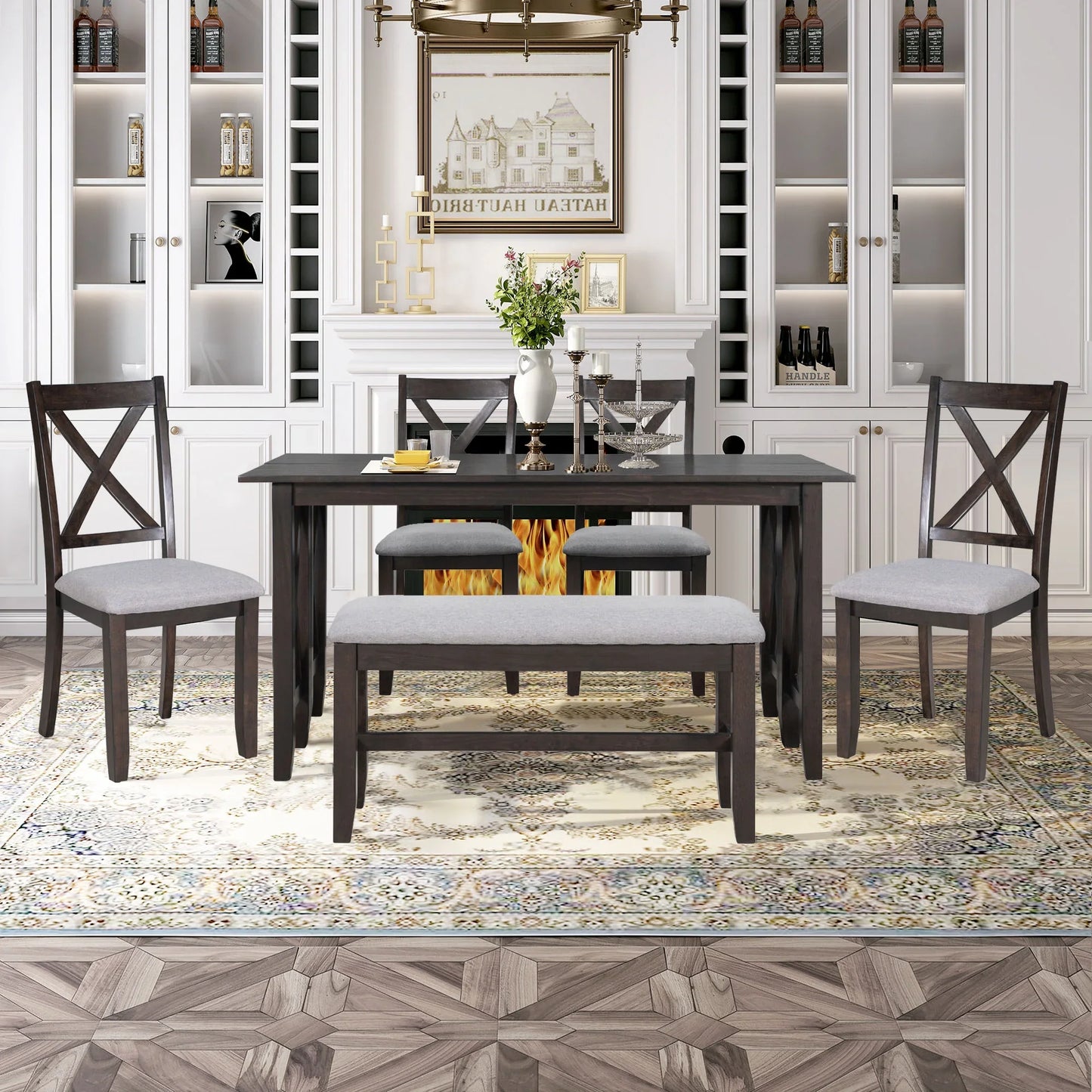 Churanty Farmhouse Dining Table Set for 6, Kitchen Foldable Dining Table with 4 Upholstered Chairs and Bench, Espresso