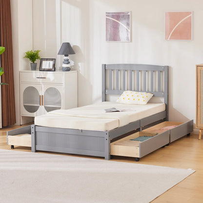 Ktaxon Wood Twin Bed with 4 Storage Drawers, Solid Wood Platform Bed with Headboard, Wooden Slats Support Mattress Foundation, No Spring Needed, Twin Bed Frame for Kids, Teens, Adults, Grey