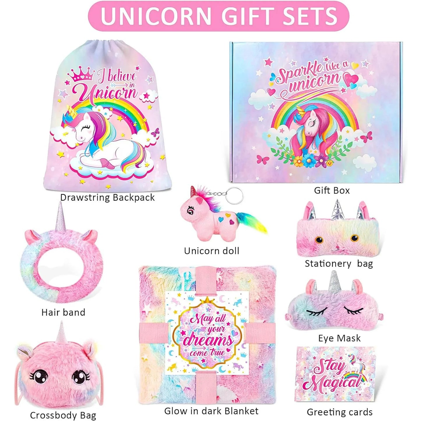 SRIZIAN Unicorn Gift Set for Girls Age 3 to 12, Christmas Birthday Festival Gifts for Girls, Glow in Dark Blanket Satchel Headband Eyeshade Pen Bag Drawstring Bag Unicorn Pendant Greeting Card Set