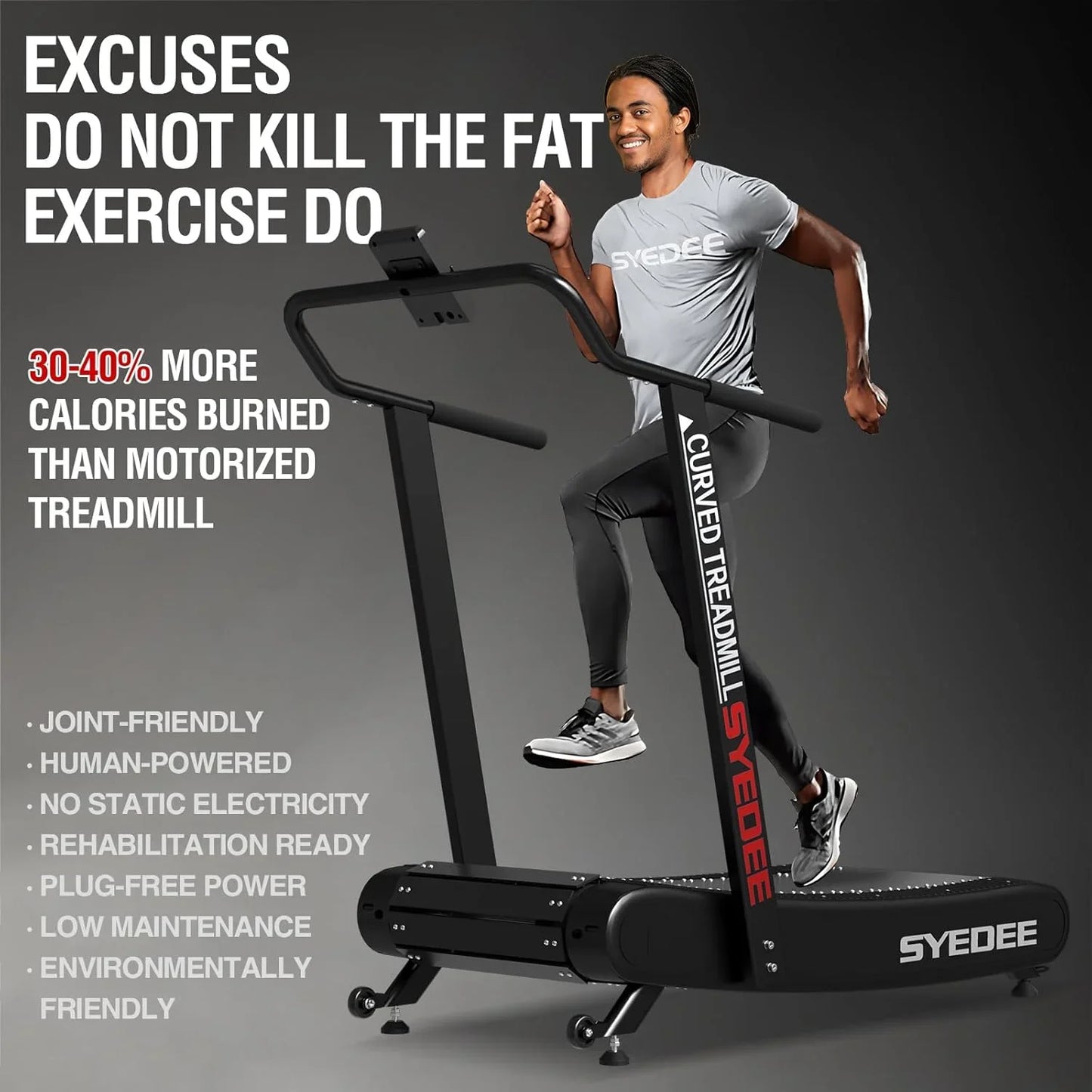 Syedee Premium Portable Curved Manual Treadmill, Motorless Treadmill for Marathon, Air Running with Digital Monitor, Handlebar and Non-Slip Belt, Treadmill for Home Gym, Cardio Equipment