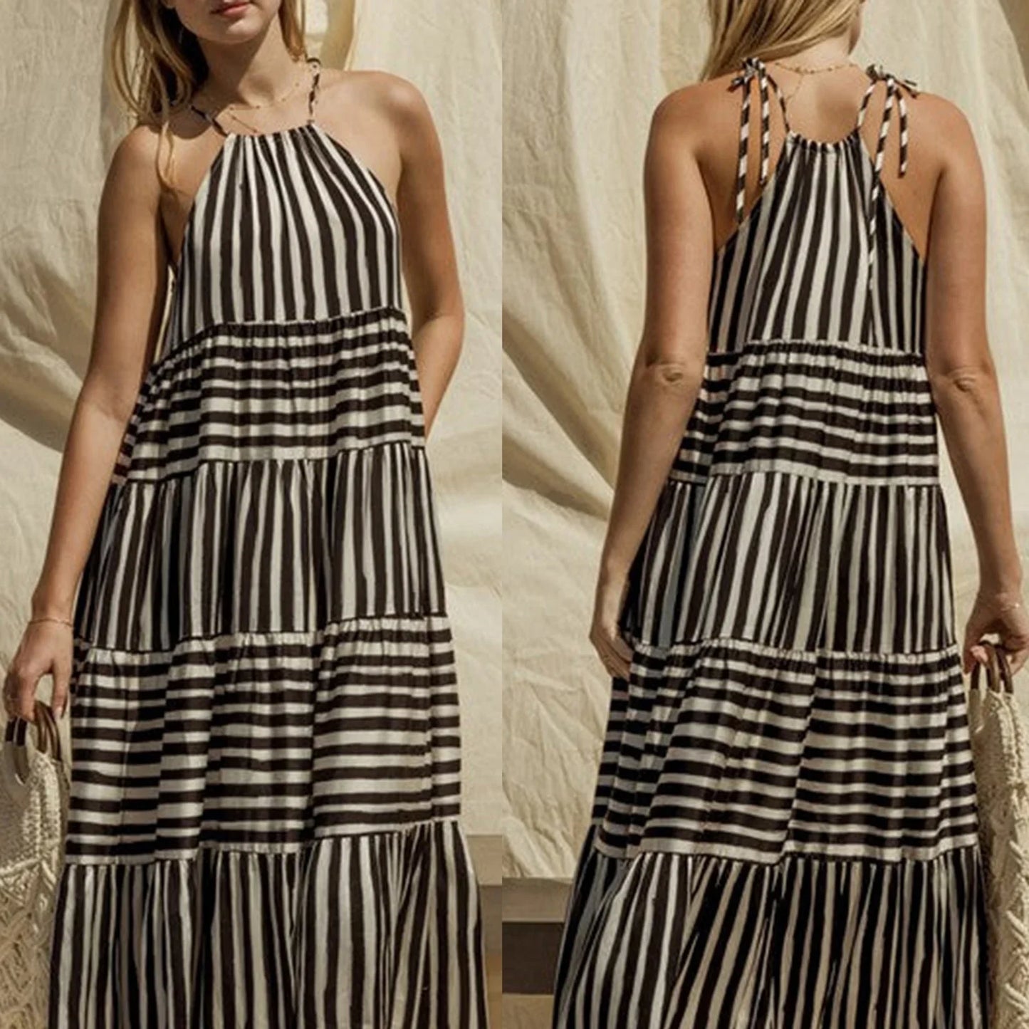 Peyakidsaa Summer Savings Clearance Women Slip Dress,Sleeveless Tie-up Striped Dress Maxi Long Dress Sundress