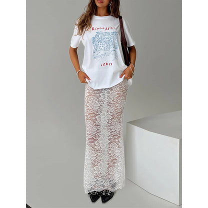 Peyakidsaa Women's Lace Skirt Summer Skinny Skirt Sheer Lace Floral Long Skirt