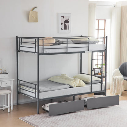 Ktaxon Metal Twin over Twin Bunk Bed with 2 Drawer & 2 Ladders for Bedroom, Gray