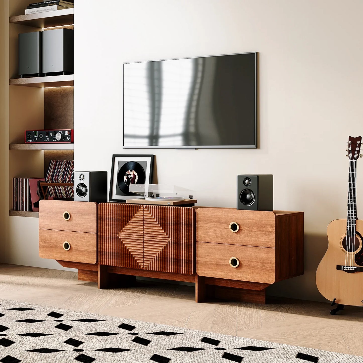 JOINICE Mid Century Modern Boho Media TV Stand, with 4 Drawers, for Living Room,Bedroom