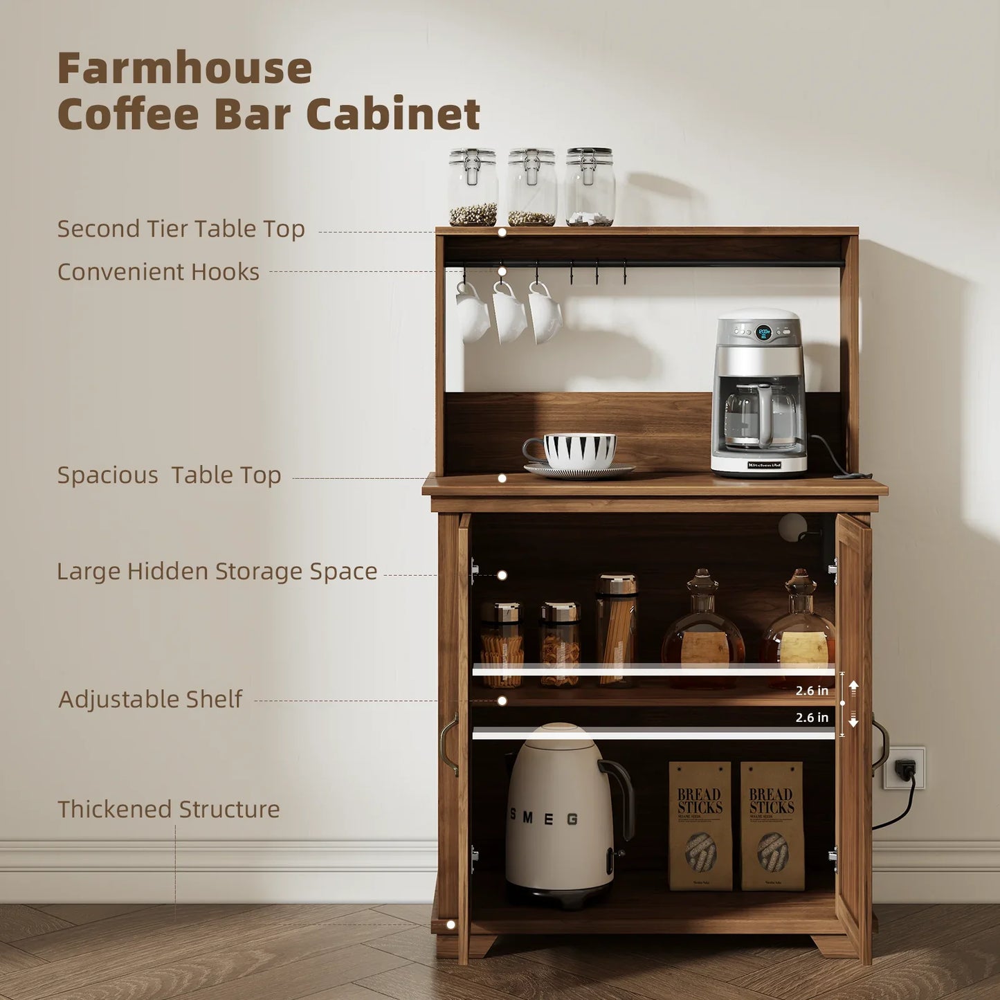 JOINICE Farmhouse Coffee Bar Cabinet,Charging Station,6 Hooks and Adjustable Shelf, Walnut