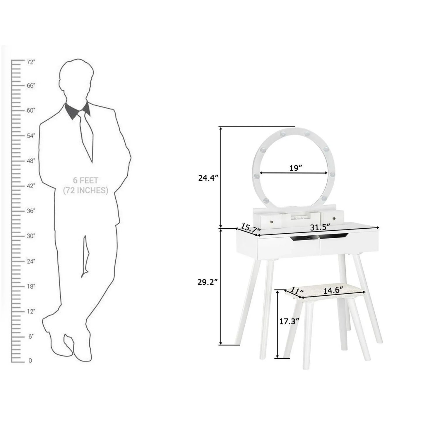 Ktaxon Vanity Set with Round Lighted Mirror, Makeup Dressing Table with 8 Light Bulbs & Cushioned Stool Set,Bedroom Vanities Set White