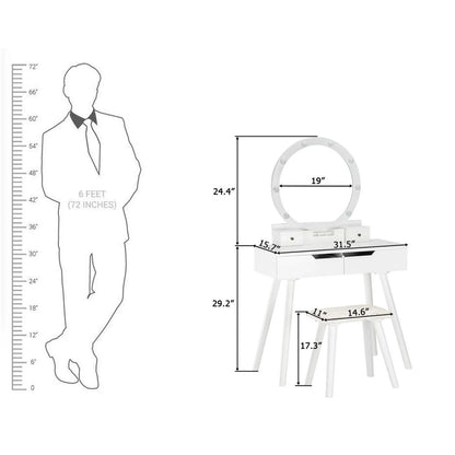Ktaxon Vanity Set with Round Lighted Mirror, Makeup Dressing Table with 8 Light Bulbs & Cushioned Stool Set,Bedroom Vanities Set White