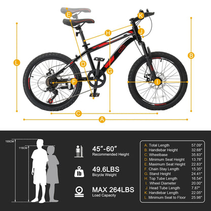 Ktaxon 20" Mountain Bike, Shimano 7 Speed Kids Bike for Boys Girls with Disc Brakes, Black