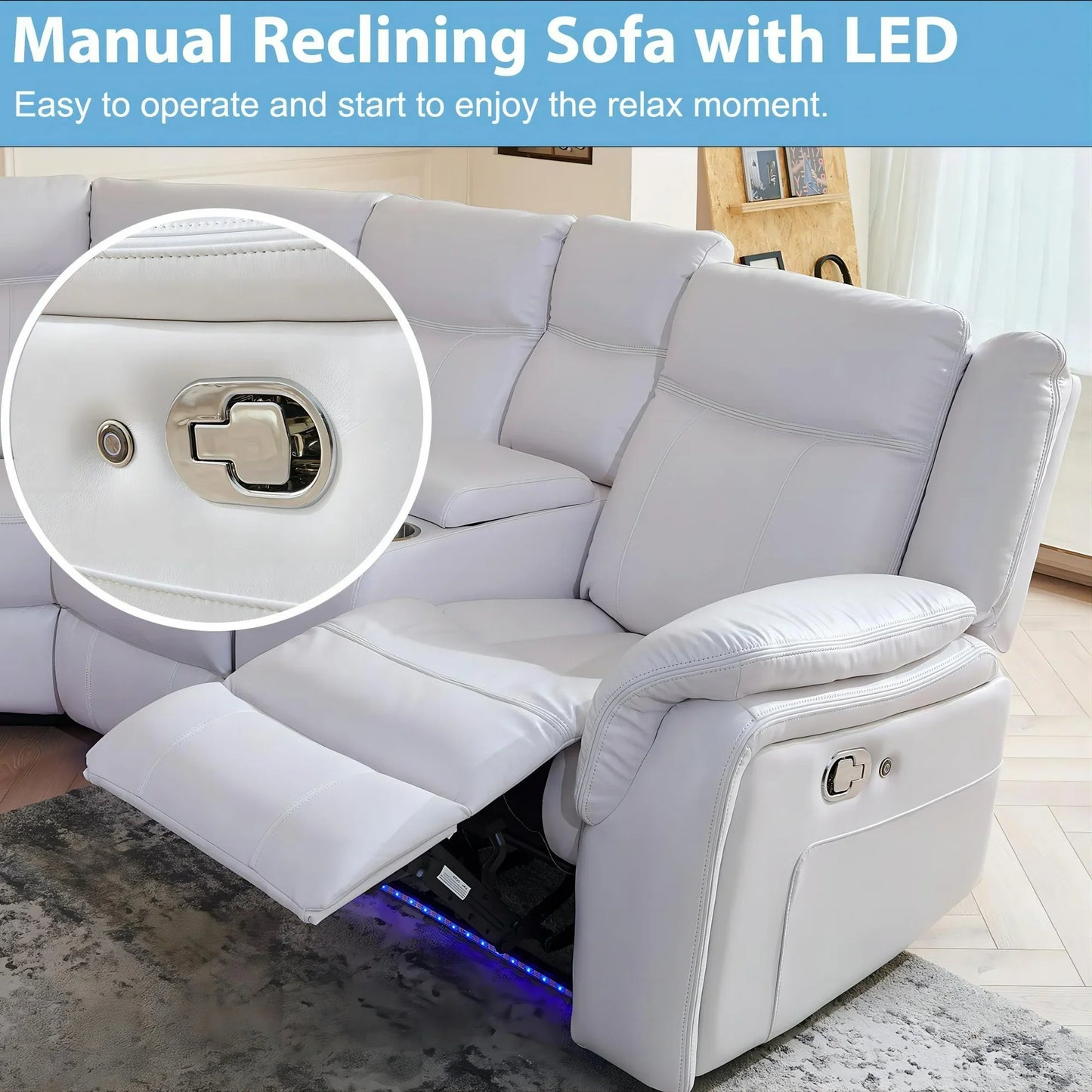 ELIASER Manual Recliner Sofa Sets with LED Lights,Faux Leather Reclining Sectional Couch for Living Room Furniture Sets with USB Port,Storage Console Cup Holders White