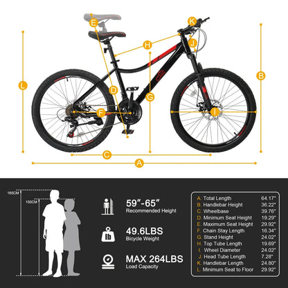 Ktaxon 24" Mountain Bike with Shimano 21 Speed, Disc Brakes, Kids Bicycles for Boys Girls