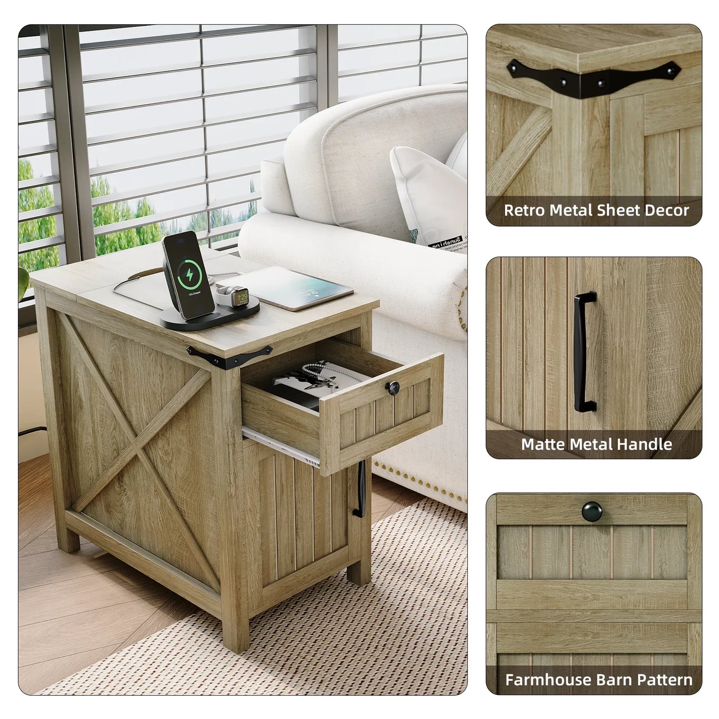 Nightstand with Charger Station,Industrial/Farmhouse End Table with Drawers & Cabinet,Side Table with Door and Storage Shelf,Side Tables for Living Room,Bedroom,Office (Light Rustic Oak X2)