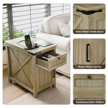 Nightstand with Charger Station,Industrial/Farmhouse End Table with Drawers & Cabinet,Side Table with Door and Storage Shelf,Side Tables for Living Room,Bedroom,Office (Light Rustic Oak X2)