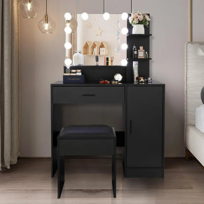 Ktaxon Vanity Set with 3 Color Lighted Mirror, Makeup Table with 3 Storage Shelves & Drawers, Dressing Table Makeup Desk with Stool,Black