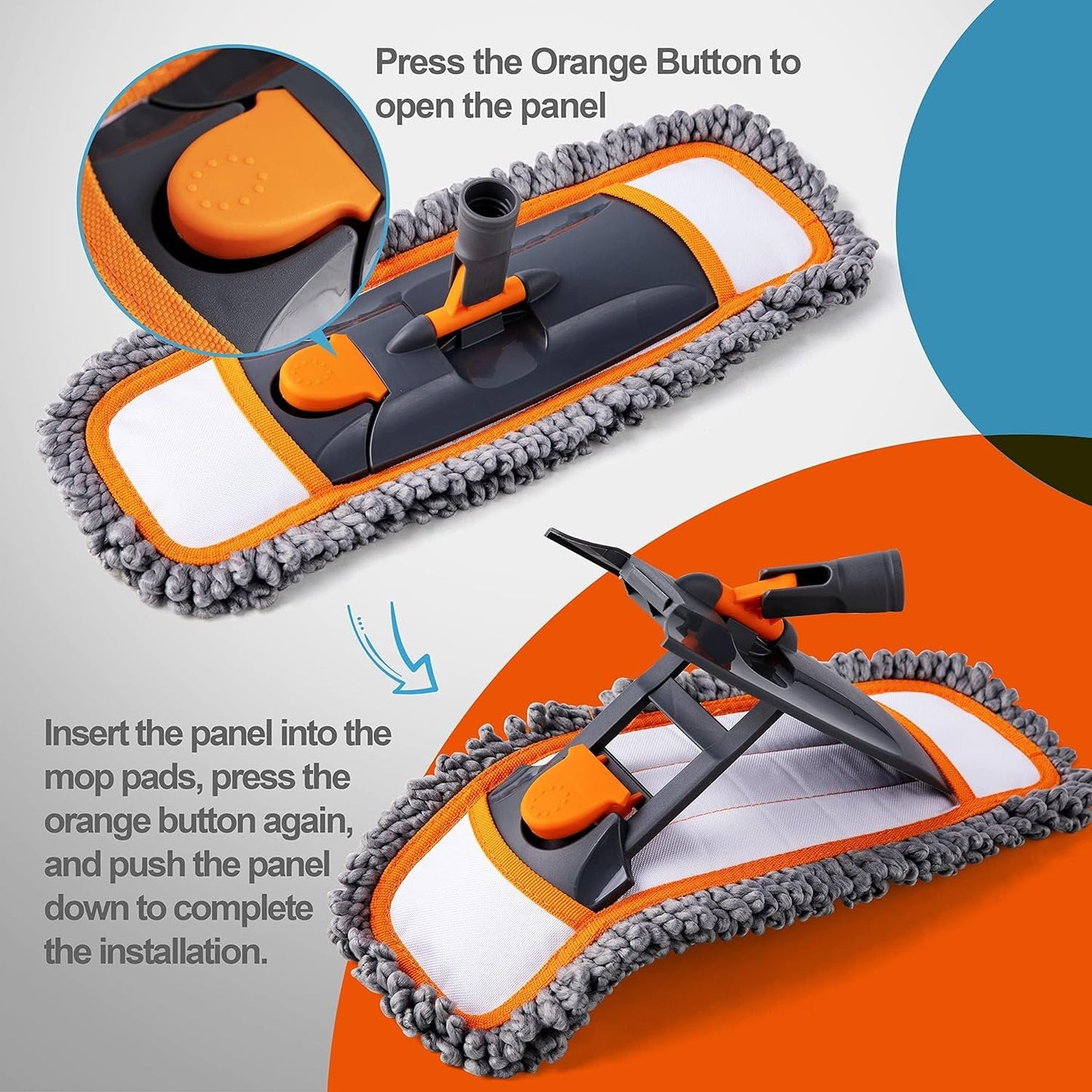 Mops for Floor Cleaning with 3 Different Washable Mop Pads and Extendable 55” Long Handle, Multifunction Dust Mop for Hardwood,Marble,Tile Floor Mopping,Orange