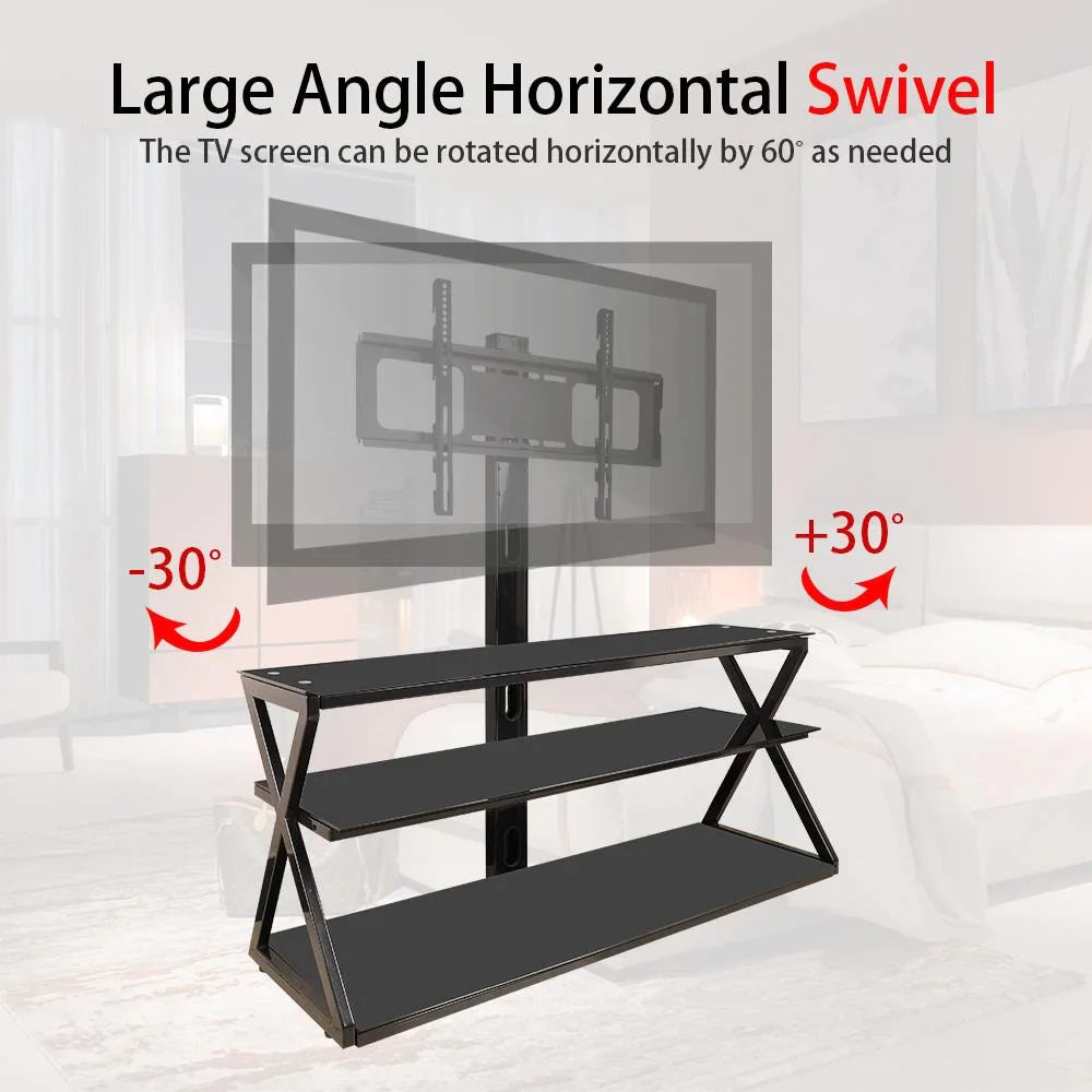 Ktaxon Swivel Floor TV Stand Mount 3 Tier Tempered Glass Shelf for 32 37 40 42 46 47 50 55 60 65"