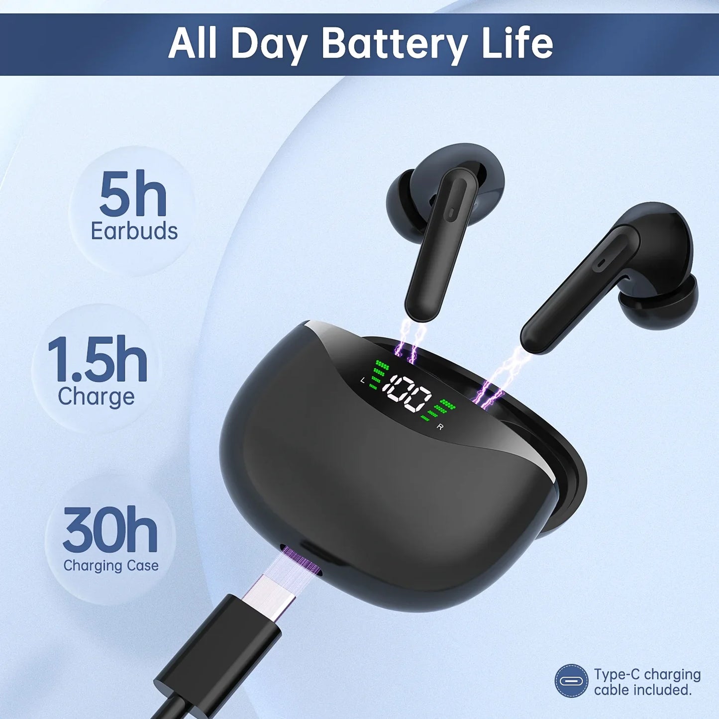 Bluetooth 5.0 Wireless Earbuds with Charging Case IPX5 Sweatproof Headset/Headphones in Ear Built in Mic Industrial Leading TWS Sound with Sport Pumping Bass -black