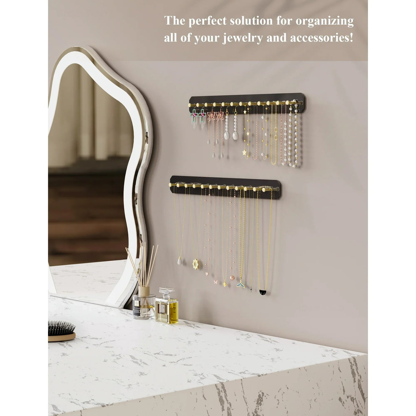 NiHome Hanging Jewelry Organizers, Wall Mounted Acrylic Jewelry Holder Earring Necklace Organizer with 24 Gold Round Hooks, Hanging Necklace Holder Stand also for Bracelet, Key - Black, 2PK