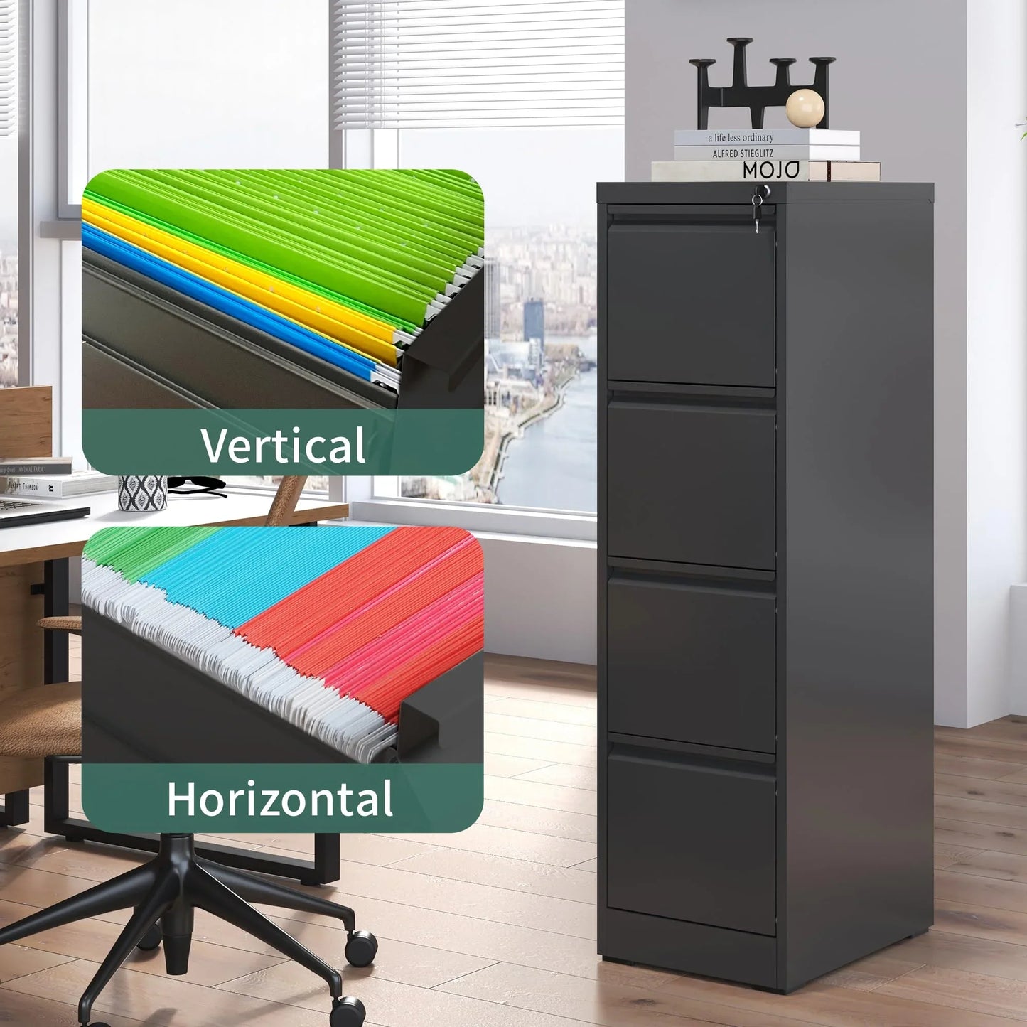 IKIMI 4 Drawer File Cabinet,Metal Filing Cabinets with Lock,Black Vertical File Cabinet for Home Office,Heavy Duty Metal Storage Cabinet for A4/Letter/Legal Size File