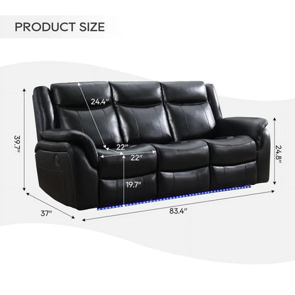 3-Seat Power Recliner Chair Sofa Set for Living Room,Black Faux Leather Electric Home Theater Seating Reclining Sofa Couch with Flipped Middle Backrest,LED Light,USB Port,Cup Holder,Wireless Charger