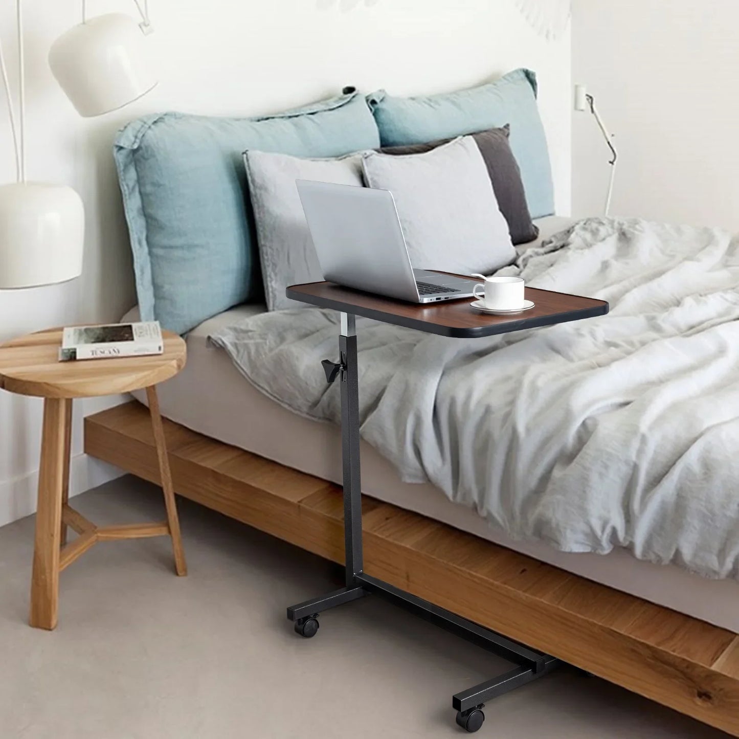Ktaxon Adjustable Overbed Bedside Table with Wheels, Wood Grain (Hospital and Home Use)