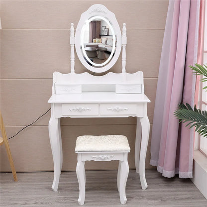 Ktaxon Elegance White Dressing Table Vanity Table and Stool Set Wood Makeup Desk with 4 Drawers & Lighted LED Touch Screen Mirror