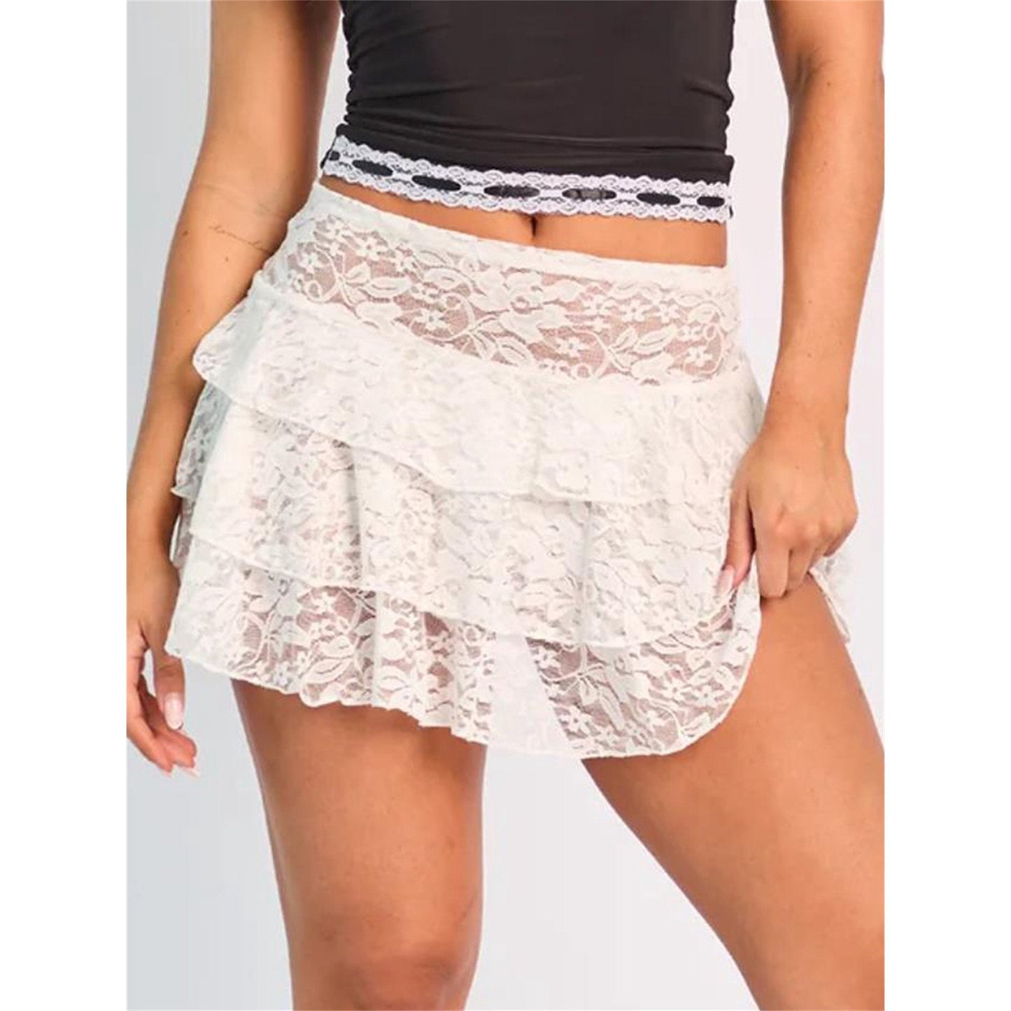 Peyakidsaa Women's Summer Lace Skirt Low Rise Tiered Flowy Short Skirts A Line Mini Skirt