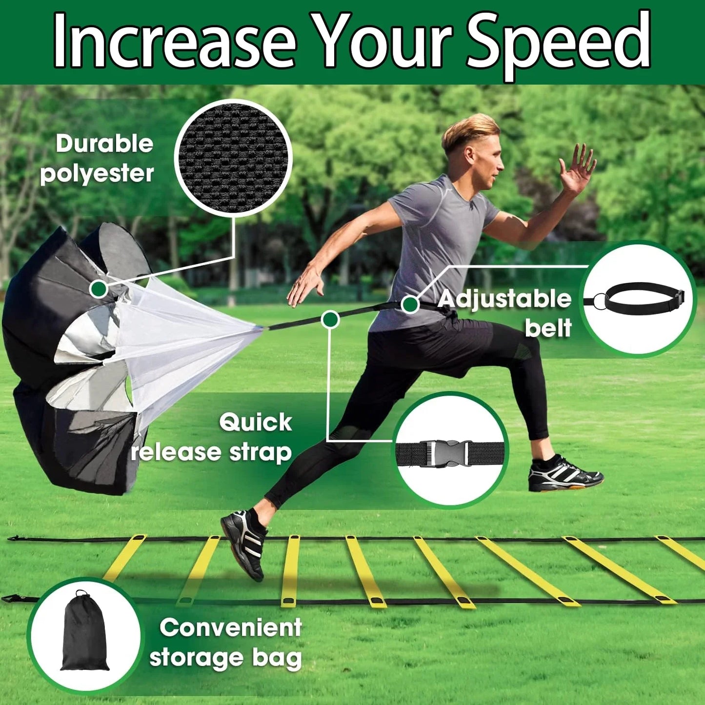 Speed Agility Training Kit-Includes 12 Rung 20ft Adjustable Agility Ladder with Carrying Bag, 12 Disc Cones, 4 Steel Stakes, 1 Resistance Parachute,Footwork Skills Drill Gear for Football and Soccer