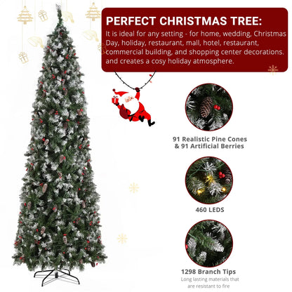 Ktaxon 9ft Pre-lit Slim Christmas Tree with Remote Control, Red Berry & Pinecones Xmas Tree with 460 LED Lights, 1298 Branch Tips, Green