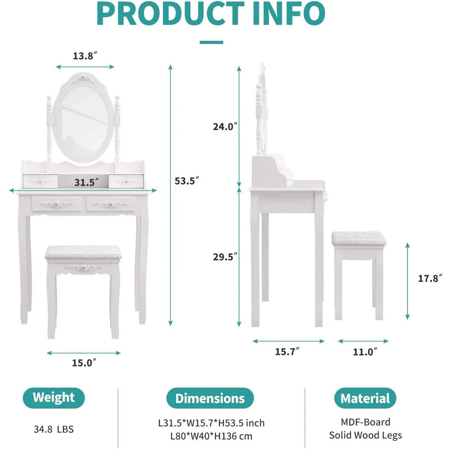 Ktaxon Elegance White Dressing Table Vanity Table and Stool Set Wood Makeup Desk with 4 Drawers & Mirror