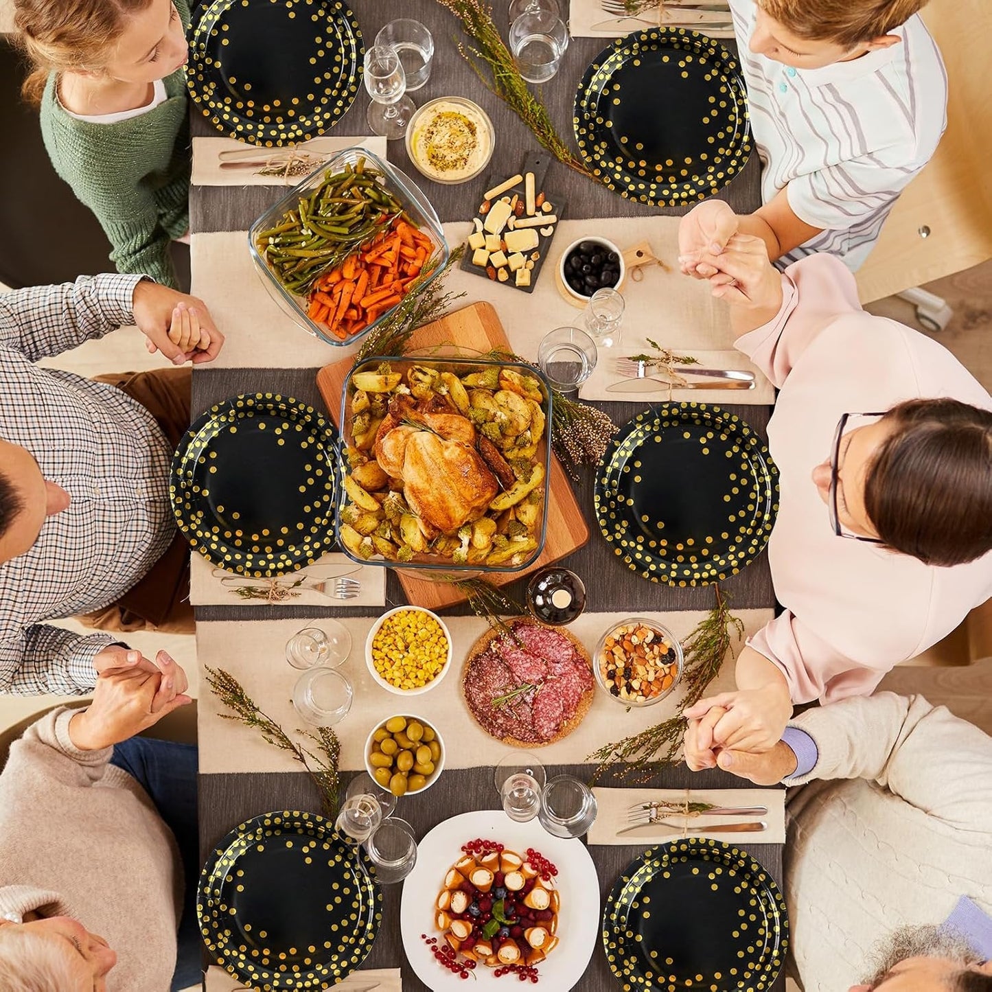 201Pcs Black and Gold Party Supplies, Dots Dinnerware Set for 25 Guests, Paper Plates Napkins Straws Plastic Tablecloth Forks Knives Spoons for Birthday Wedding Christmas Cocktail Party Baby Shower