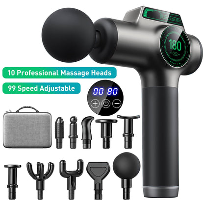 Massage Gun Deep Tissue, Muscle Percussion Back Neck Head Handheld Hammer Massager for Athletes, 99 Speed Level with LED Display Screen, Long Battery Life with 10 Heads
