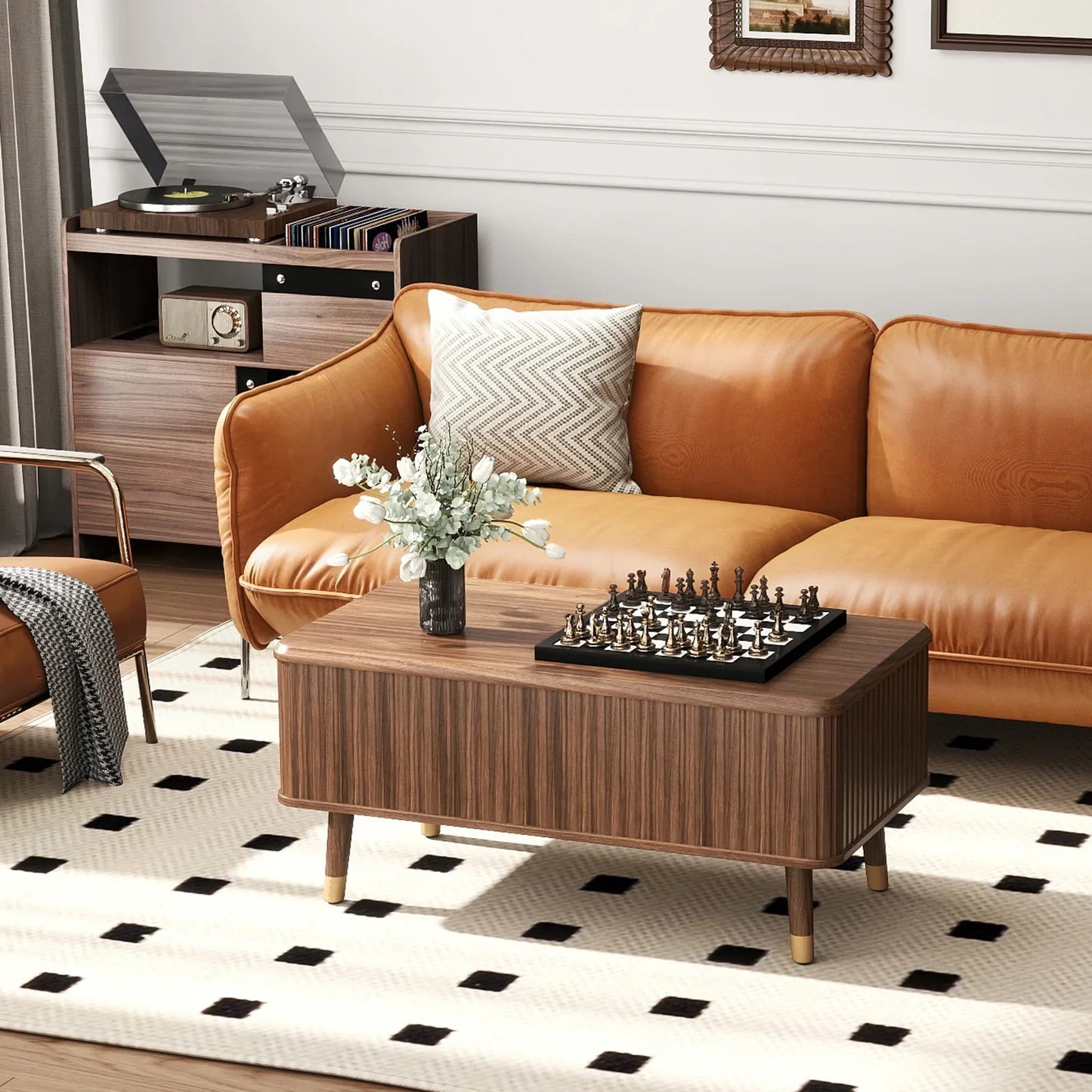 JOINICE Lift Top Coffee Table with Storage,Mid-Century Modern Style,Waveform Panel,for Living Room,Walnut