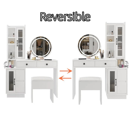 Ktaxon Vanity Table with 3 Color Lighted Mirror, Makeup Dressing Table with USB Charging Station, Dresser Table for Women,White