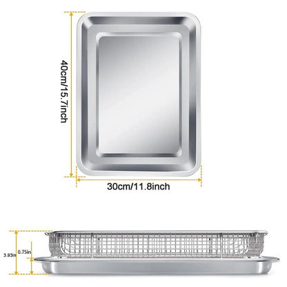 Air Fryer Basket for Oven, Large 11.8" x 15.7" Oven Air Fryer Basket and Tray Set, Stainless Steel Air Fryer Pan and Crisper Tray for Baking Grilling (Silver)