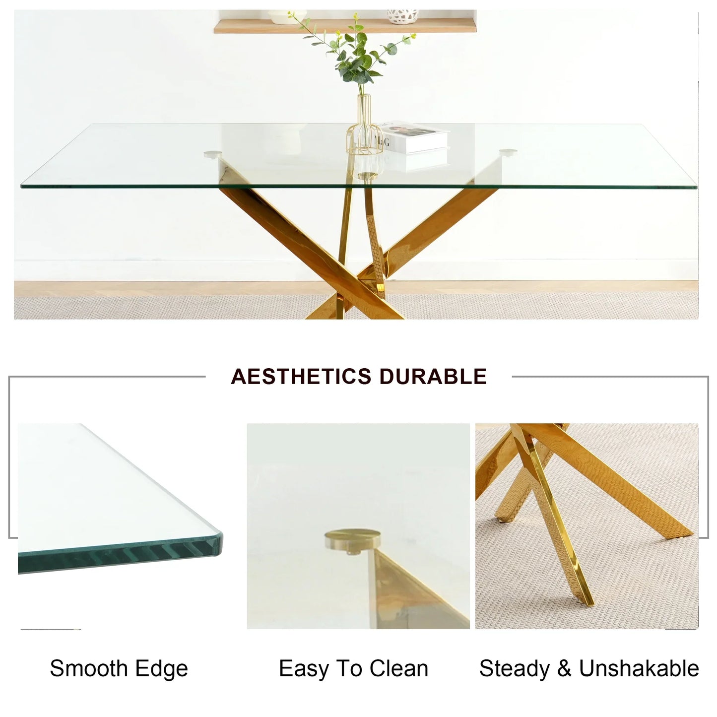 Sumdeal 63" Glass Dining Table Set for 6,Gold Base Dining Room Table with 6 Gold Leg C Shape Chairs