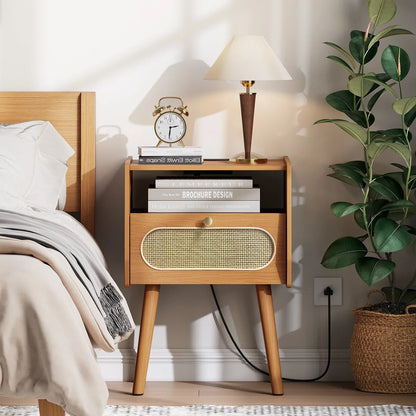 JOINICE Rattan Nightstands Set of 2, Beside Table with Charging Station,for Bedroom,Cherry