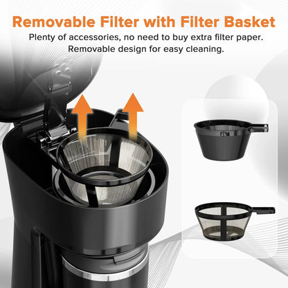 Moifoi Mini Single Serve Coffee Maker, Portable Coffee Maker with 14Oz Thermal Travel Mug, Reusable Filter, Black