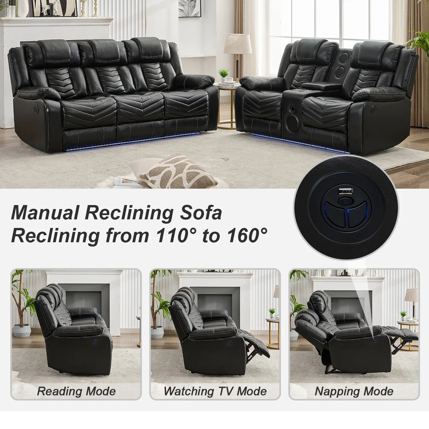 Power Recliner Sofa Sets with Bass Speaker,Wireless Charger,LED Light Manual Reclining Living Room Furniture Sets