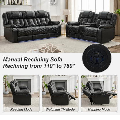 Power Recliner Sofa Sets with Bass Speaker,Wireless Charger,LED Light Manual Reclining Living Room Furniture Sets