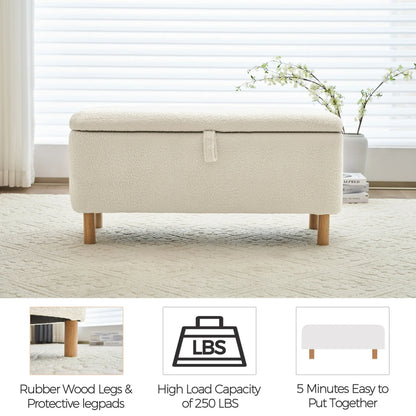 Comfort Stretch 39.3 Length Storage Ottoman Bench for Living Room,White Bedroom Bench with Entryway Storage Rectangular Boucle Foot Rest Stool Padded Seat