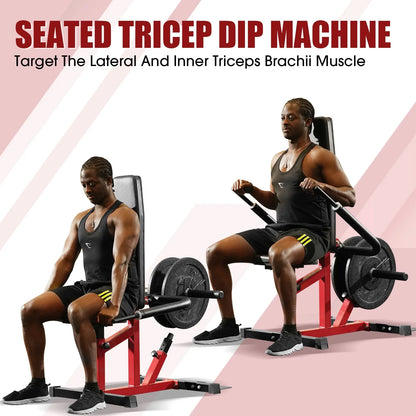 syedee Plate Loadable Seated Dip Machine, Tricep Dip Machine with Cable Bar for Bicep Chest Training Tricep Press, Hold up to 400LBS, Black and Red