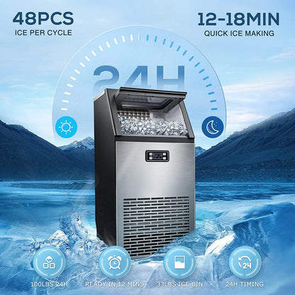 Auseo 100Lbs/24H Commercial Ice Maker Machine, 45 Cubes/Batch in 11Mins, Stainless Steel with Auto Clean, Under Counter for Home/Bar