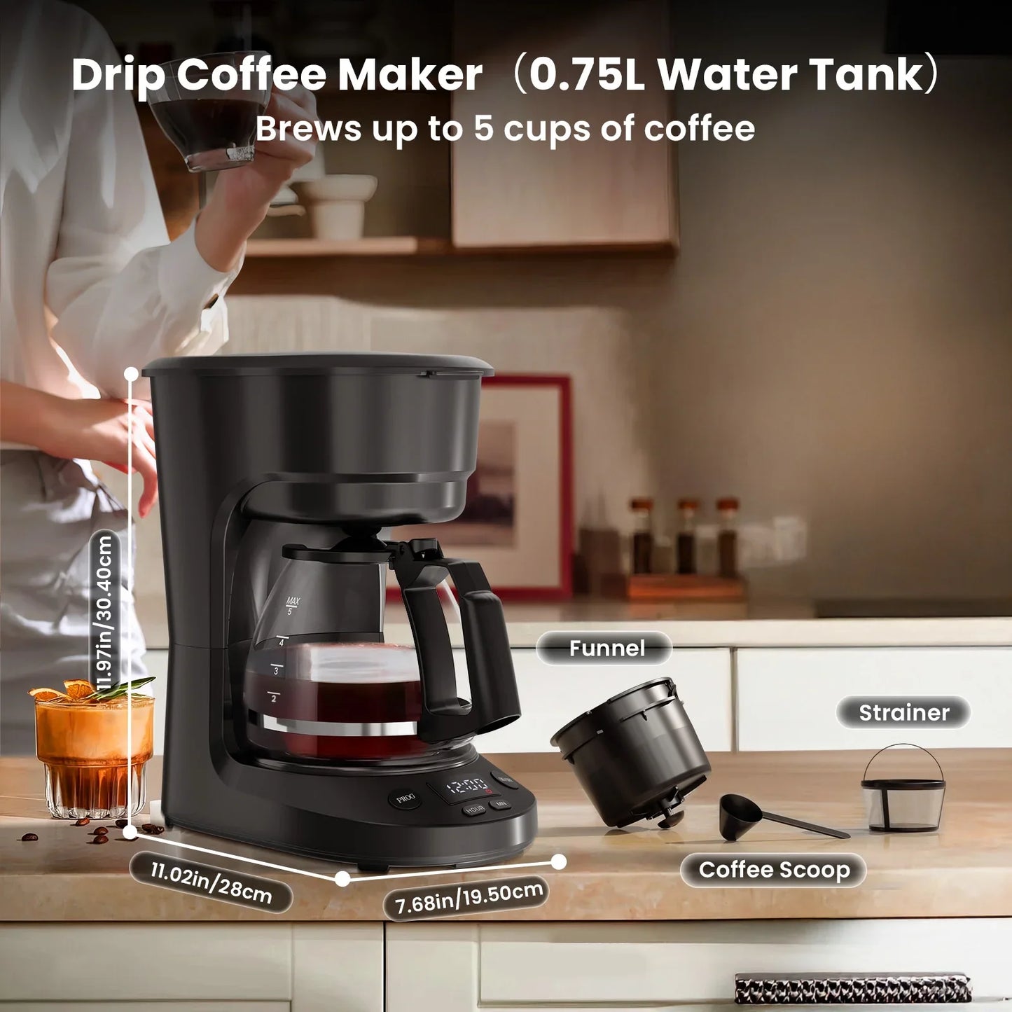Auseo Coffee Maker, Programmable, Auto-Brew Timer, Keep Warm Function, Safety Features, 5-Cup Capacity