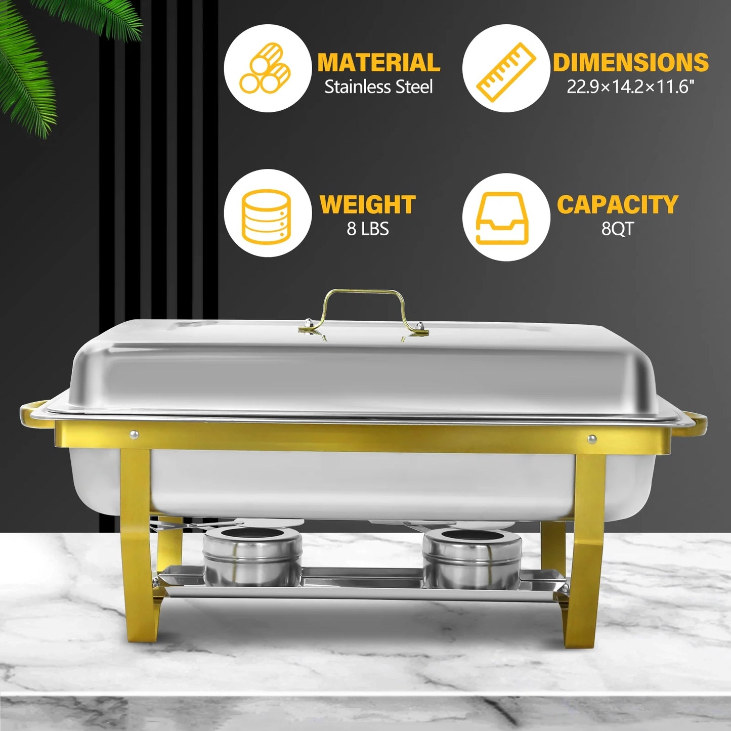 PRIJESSE 4 Pack Gold 9QT Chafing Dish with Half Size Food Pans, Complete Set Nonstick Stainless Steel Chafer Food Warmer