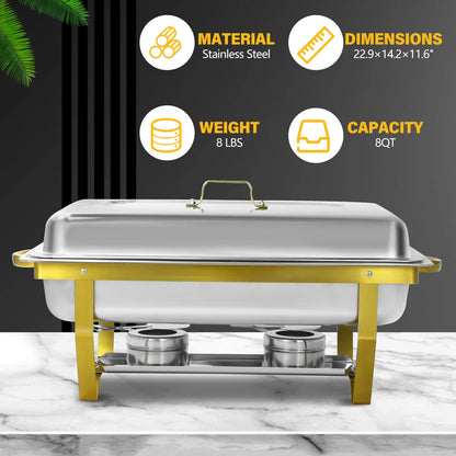 PRIJESSE 4 Pack Gold 9QT Chafing Dish with Half Size Food Pans, Complete Set Nonstick Stainless Steel Chafer Food Warmer