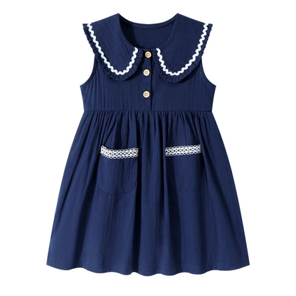 HILEELANG Baby Girl Easter Peter Pan Collar Dress Sleeveless Cotton Casual White Navy Beach Playwear Sundress 2 Packs 2T